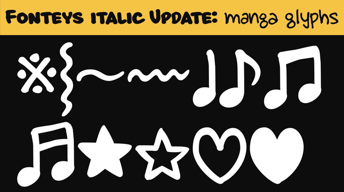 FandoFonts's tweet photo. As I finishing the italic version of the Fonteys I decided to upgrade all the family with the "manga glyphs".
What do you prefer? To use it from the glyphs panel or from an OpenType ligature? If so, What combinations of characters do you prefer?
#comicslettering #mangalettering https://t.co/59bsJHwPWt