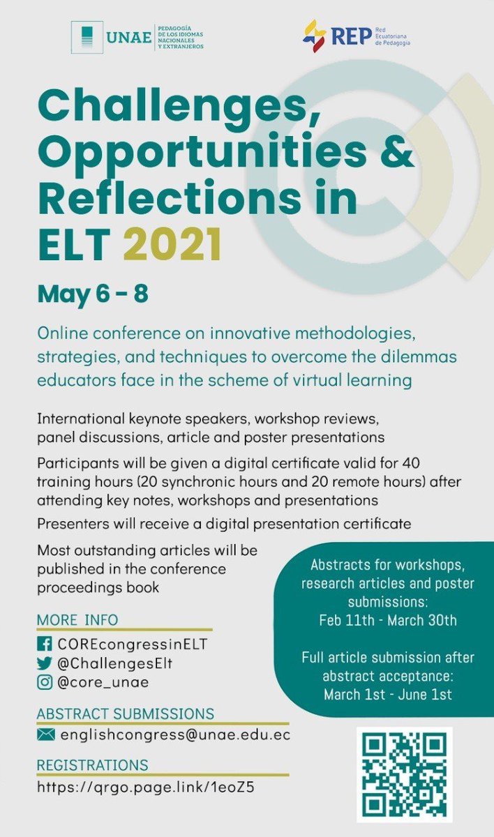 Universidad Nacional de Educación UNAE (@unaecuador) on Twitter photo 💻📅 Del 6 al 8 de mayo, se realizará la conferencia: Challenges Opportunities and Reflections in ELT 2021.
ℹ️ Infórmate sobre el proceso de inscripción, así como de postulación, a través de los siguientes canales:
🔗 bit.ly/31sZpwO
🔗 <a href="/ChallengesElt/">Challenges, Opportunities and Reflections in ELT</a> 💻📅 Del 6 al 8 de mayo, se realizará la conferencia: Challenges Opportunities and Reflections in ELT 2021.
ℹ️ Infórmate sobre el proceso de inscripción, así como de postulación, a través de los siguientes canales:
🔗 bit.ly/31sZpwO
🔗 <a href="/ChallengesElt/">Challenges, Opportunities and Reflections in ELT</a>