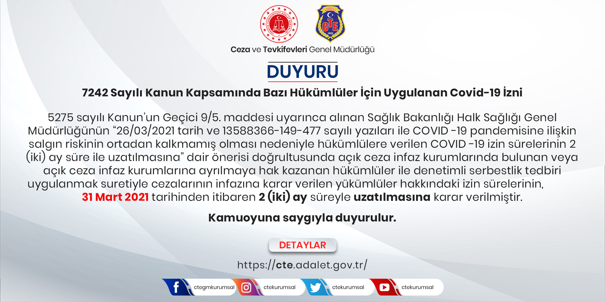 Ceza Ve Tevkifevleri Genel Mudurlugu On Twitter 7242 Sayili Kanun Kapsaminda Bazi Hukumluler Icin Uygulanan Covid 19 Izni Ile Ilgili Duyuru Https T Co Ywcz8vojmc Https T Co 2zlvgahild Twitter