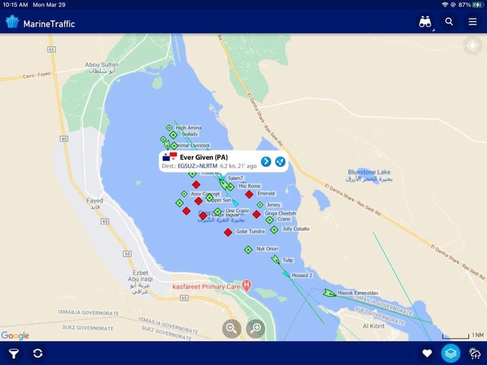 TheSubHunter1's tweet photo. #Evergiven is on her #Sailofshame as she is now free and passing the north bound convoys 

#Evergreen #Evergreenship #EverStuck #Evergreen #Egypt #SuezBLOCKED #SuezCanal #SuezUnblocked #EverGivenShip https://t.co/ObFnLyWef4