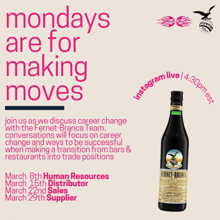 FernetBranca's tweet photo. Monday’s Are For Making Moves with Brent Falco and Jen Chapin.
Join us as we discuss career change and ways to be successful when making a transition from bars & restaurants into trade positions.
March 29th Supplier and Sales
Instagram Live | 4:30PM EST
#speedrack #backtherack https://t.co/R7wabgqDHx