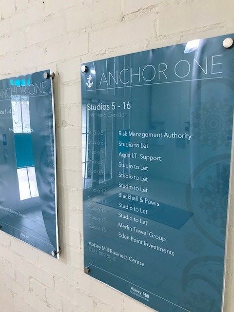 #newsignage at #AnchorOne, now matches the new branding at the building entrance.  We have studios that are ready to be viewed, if interested please call Louise on 0141 889 8000 to arrange a viewing.  Private parking is available. #stylishoffice #restoredmill #abbeymill #paisley