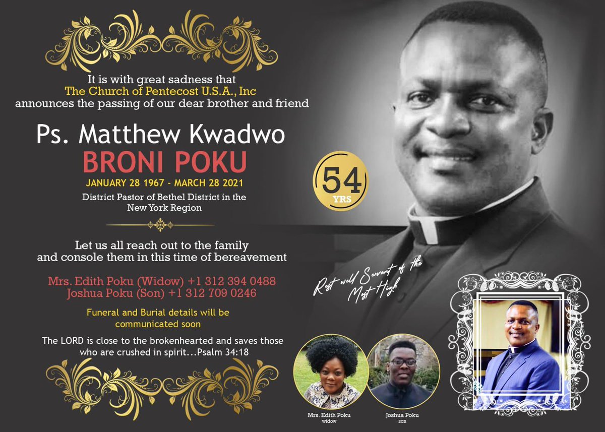 copusainc's tweet photo. With a heavy heart, we regret to announce to you the home calling of our beloved brother, father, husband and Pastor Matthew Kwadwo Poku of Bethel District.
•
Let us remember Mama Edith and their son, Joshua Poku, in our prayers. Pastor Matthew, COPUSA will miss you dearly ❤️ https://t.co/yI9jyndUFj