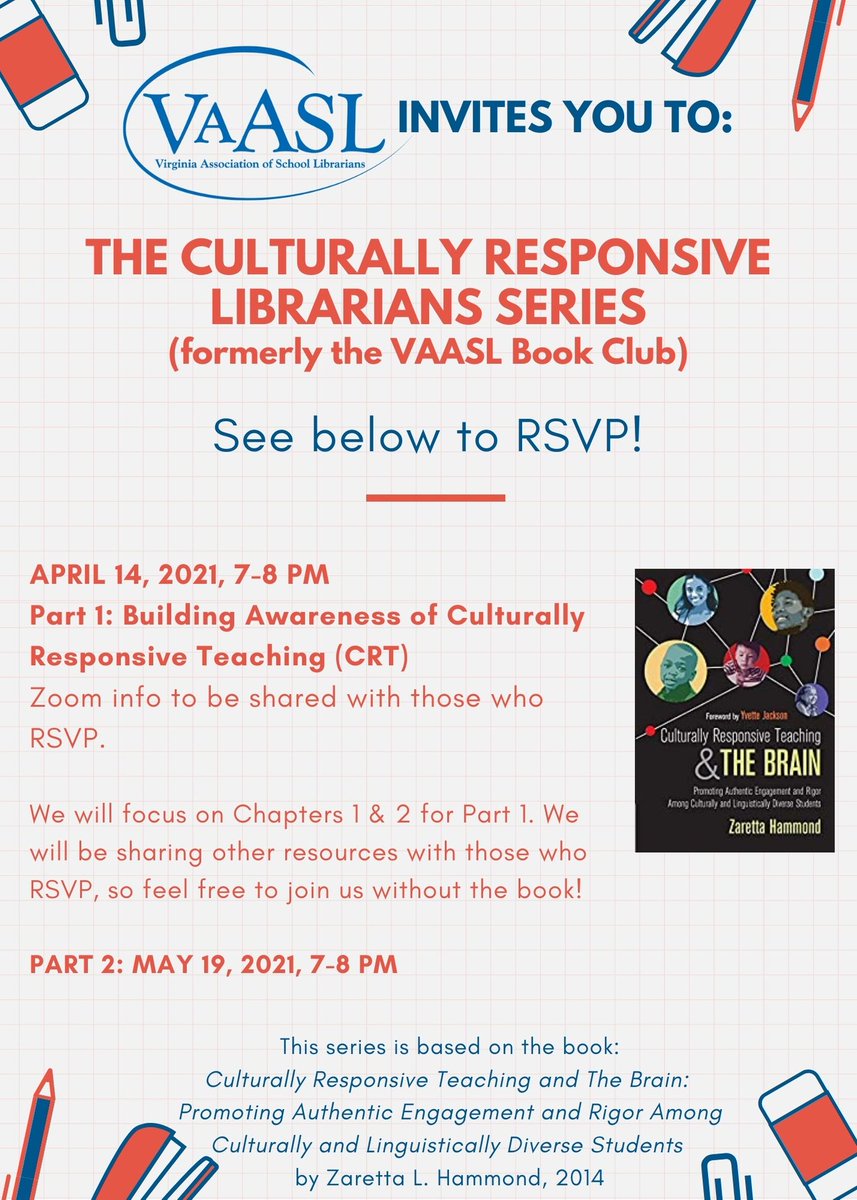The VAASL PD Committee is re-branding our book club to be a PD series that focuses on the book Culturally Responsive Teaching and The Brain (2014) by Zaretta Hammond.
Part 1 of the series will take place on April 14 from 7-8pm on Zoom.
bit.ly/2MuUGXQ