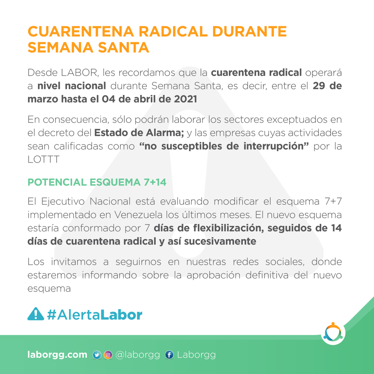 LaborGG's tweet photo. #AlertaLabor

Les recordamos que durante toda la #SemanaSanta operará la cuarentena radical.

El Ejecutivo Nacional está evaluando modificar el esquema 7+7. 

Síguenos en nuestras redes sociales, donde estaremos informando sobre los esquema de cuarentena y flexibilización. https://t.co/PsF2x7YCYx