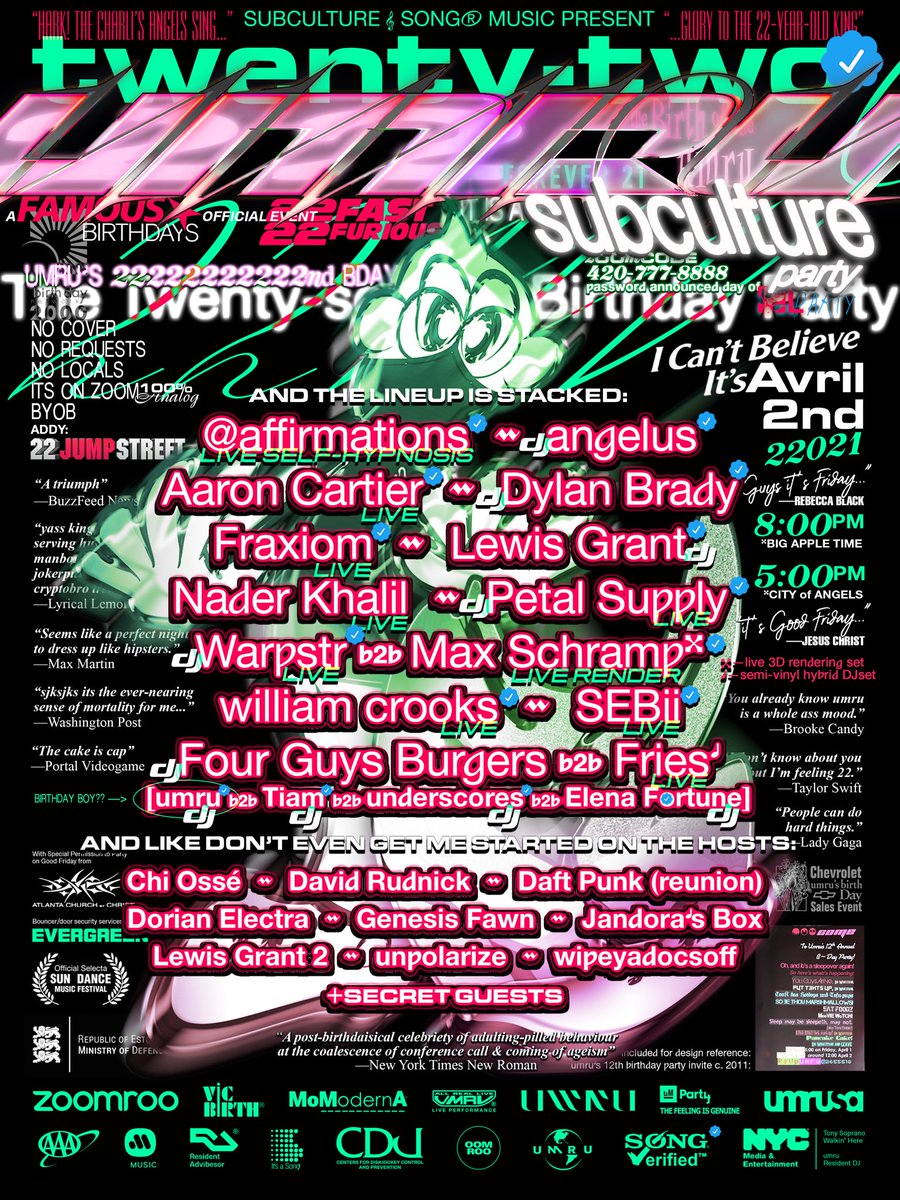 umru_'s tweet photo. umru: 22
The 22nd Birthday Party
at @SubcultureParty 
April 2nd

w/
#afffirmations 
@7ngelus 
@cartierchain 
@dylanbrady 
@fraxiommusic 
@lewisjamesgrant 
@nk014_ 
@PetalSupply 
@warpstrr 
@maxschramp 
@willycrooks 
@sebseb122_ 
@underscoresplus 
@tiamschaper 
@elenafortunee 
etc https://t.co/QqLrbyQGtW