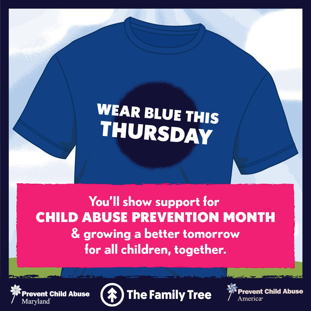 FamilyTreeMD's tweet photo. Let the countdown to #WearBlueDay2021 begin! This Thursday, break out your best blue outfit 🧢 👕👖👗 and help us raise awareness for Child Abuse Prevention Month. Be sure to tag us in your posts on social media @familytreemd. https://t.co/B2rwTOMJ5p