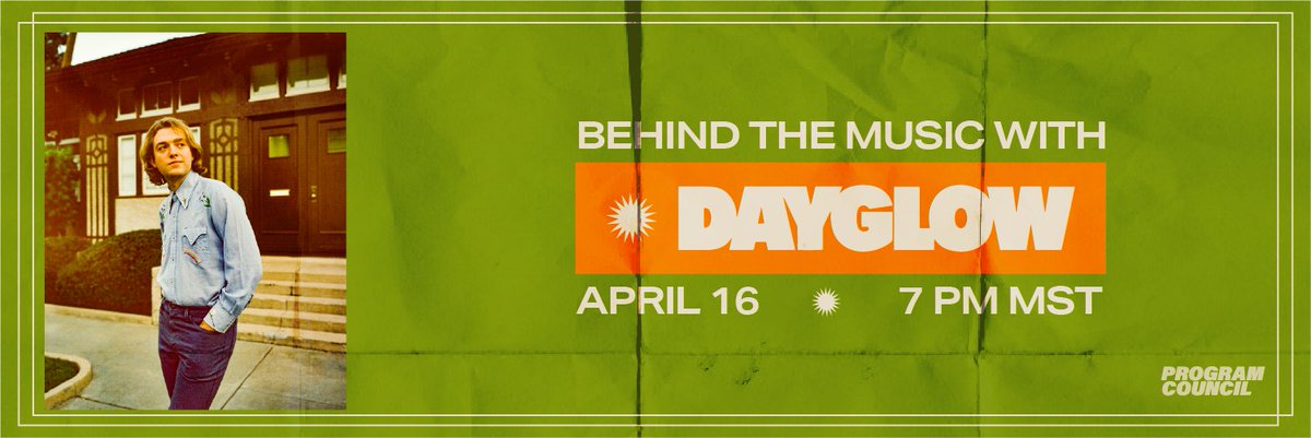programcouncil's tweet photo. Our third installment of Behind the Music featuring @dayglowband April 16th! RSVP here -- https://t.co/9b1jJH1urI and join us for a night of musical inspiration followed by a moderated Q&amp;A. https://t.co/1FGD03JJrg