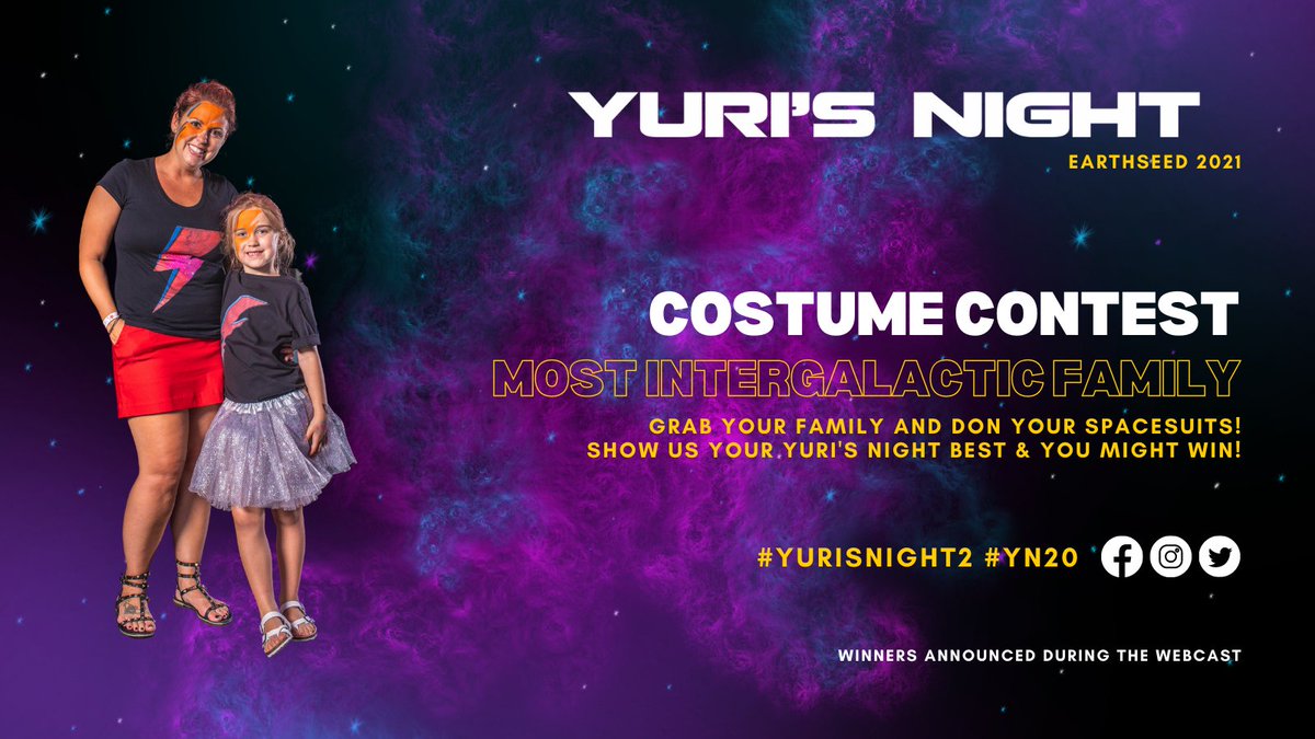 YurisNight's tweet photo. Is your crew ready for the 20th Anniversary of Yuri's Night?
We'd love to see your best space costumes for this year and you just might get featured during the webcast! So, grab your family or your crew and show us what you've got! Make sure to use hashtag #YN20.
See you soon! https://t.co/yFFr47QwUT
