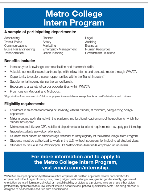 BBMPROGRAMDC's tweet photo. Great Opportunity for College Students. Intern at Washington Metropolitan Transit Authority. https://t.co/uvVeQvlYiB