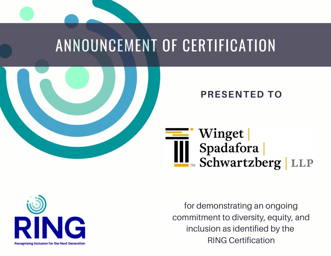 RingCertified's tweet photo. Congratulations, Winget, Spadafora &amp; Schwartzberg, LLP on your RING Certification! Thank you for your #leadership and ongoing commitment to Diversity, Equity, and Inclusion. #ringcertified https://t.co/Nn4HnC7SpM