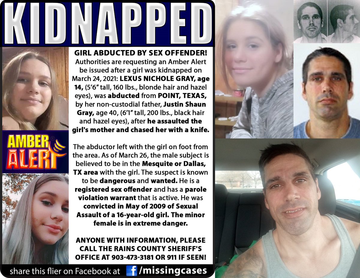 MissingCases's tweet image. #AmberAlert activated today Sex Offender kidnaps girl Lexus Gray 14 abducted #Point #Texas by her noncustodial father Justin Shaun Gray 40, after he assaulted the girl&apos;s mom and chased her with a knife He&apos;s believed to be in #Mesquite or #Dallas #TX has a parole violation warrant