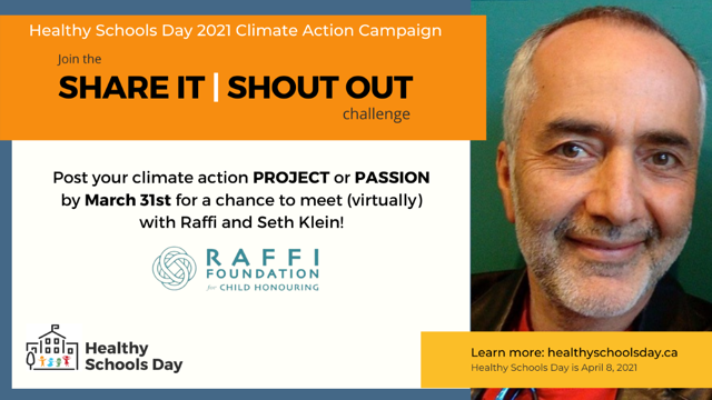 PollutionProbe's tweet photo. We're thrilled to be supporting @HealthySchCan SHARE IT | SHOUT OUT challenge - be sure to share your project or passion by March 31st! Challenge winners will receive prizes, including a virtual meeting with the one and only @Raffi_RC! https://t.co/xoeciwPCEL #HSDclimateaction https://t.co/AQzB91BAWc