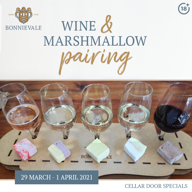 Calling everyone with a sweet tooth!🍬

Join us at Bonnievale Wines for a Wine &amp; Gourmet Marshmallow pairing.
Available for this week  (29 March - 1 April)

#bonnievalewines #pairingexperience #gourmetmarshmallows