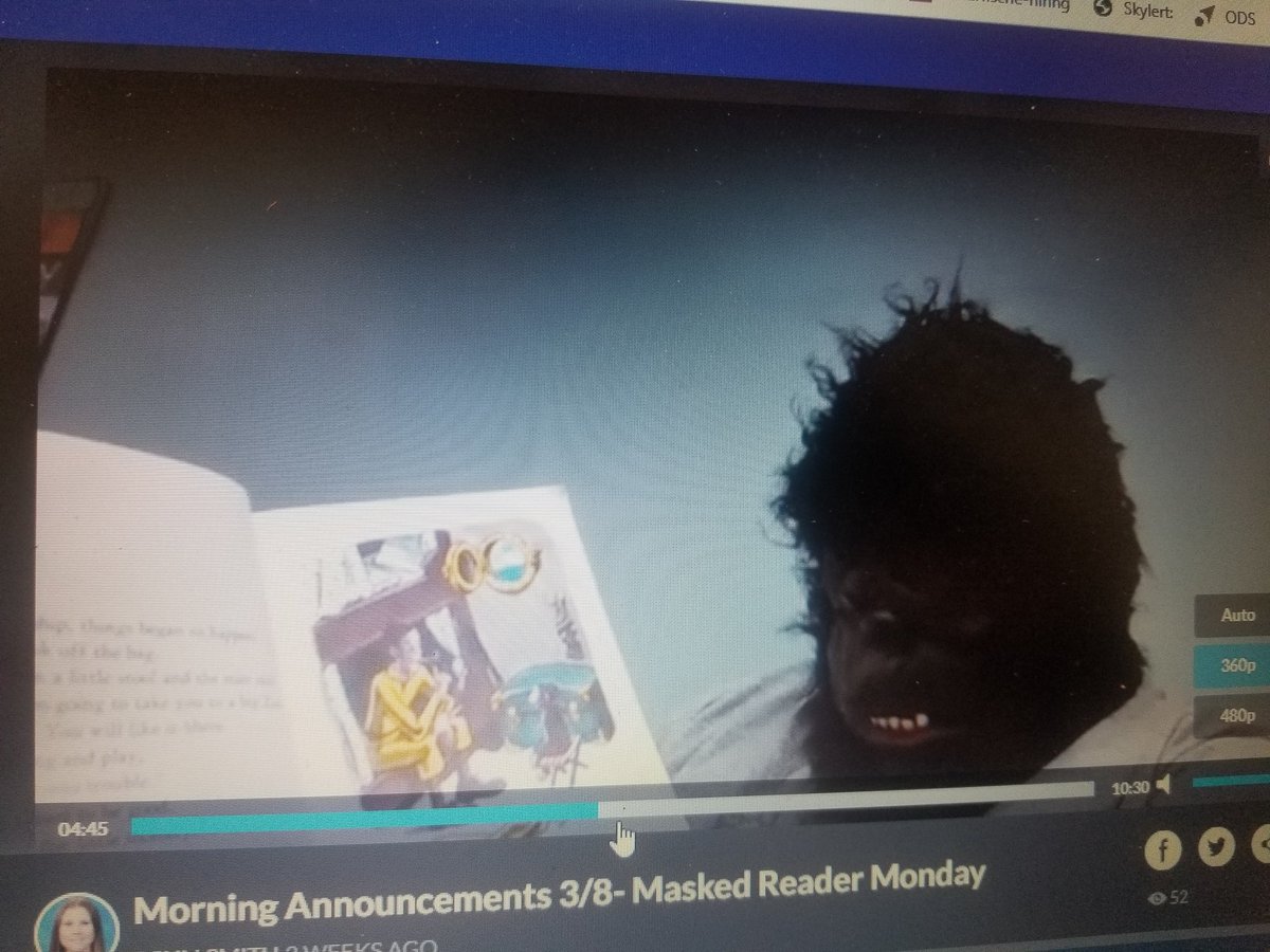 PrincipalPaine's tweet photo. So we did the Masked Reader this month. Students had to guess who read the story during announcements! So fun! #kmekoalas #kmeproud #NCISD #readacrossamericaday #leadlit #mlmagical https://t.co/bjhS5iy0LW