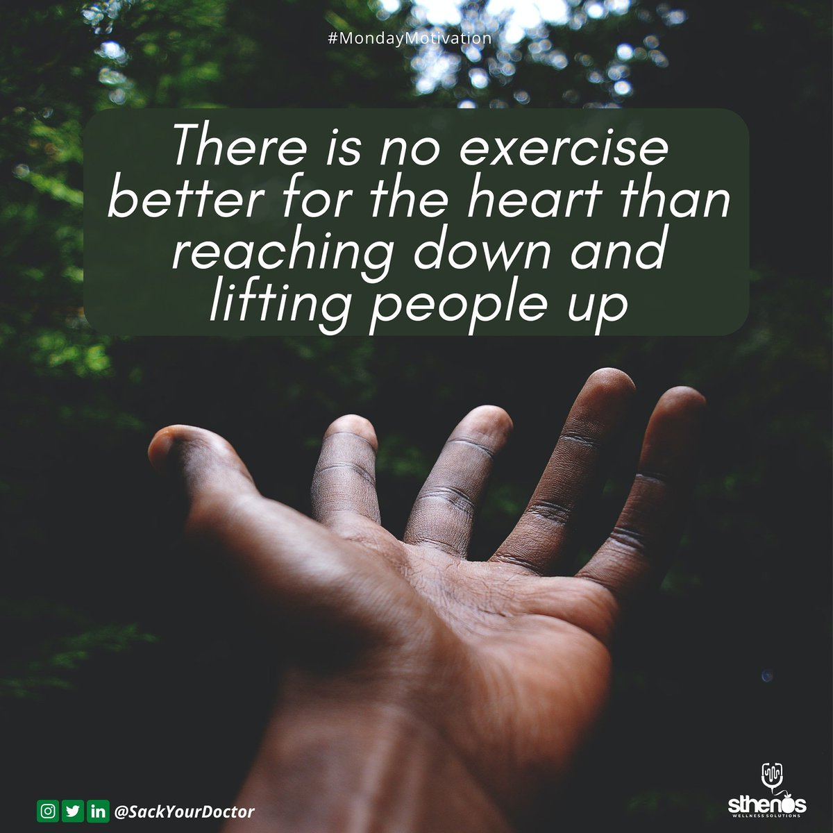 SackYourDoctor's tweet photo. “There is no exercise better for the heart than reaching down and lifting people up." 
 
Step forward, reach out, and help. Reach out to someone that might need a lift.

Put smile on the face of someone and watch nature reward you with fulfilment and wellness.

#MondayMotivation https://t.co/oSrXhyUS3M
