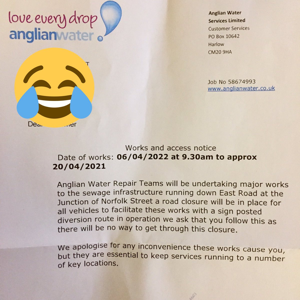 VirgilThinks's tweet photo. Love this letter from @AnglianWater which doesn’t seem to have any grasp whatsoever of English sentences, professional writing or even the current year. https://t.co/kiZKF7aSll