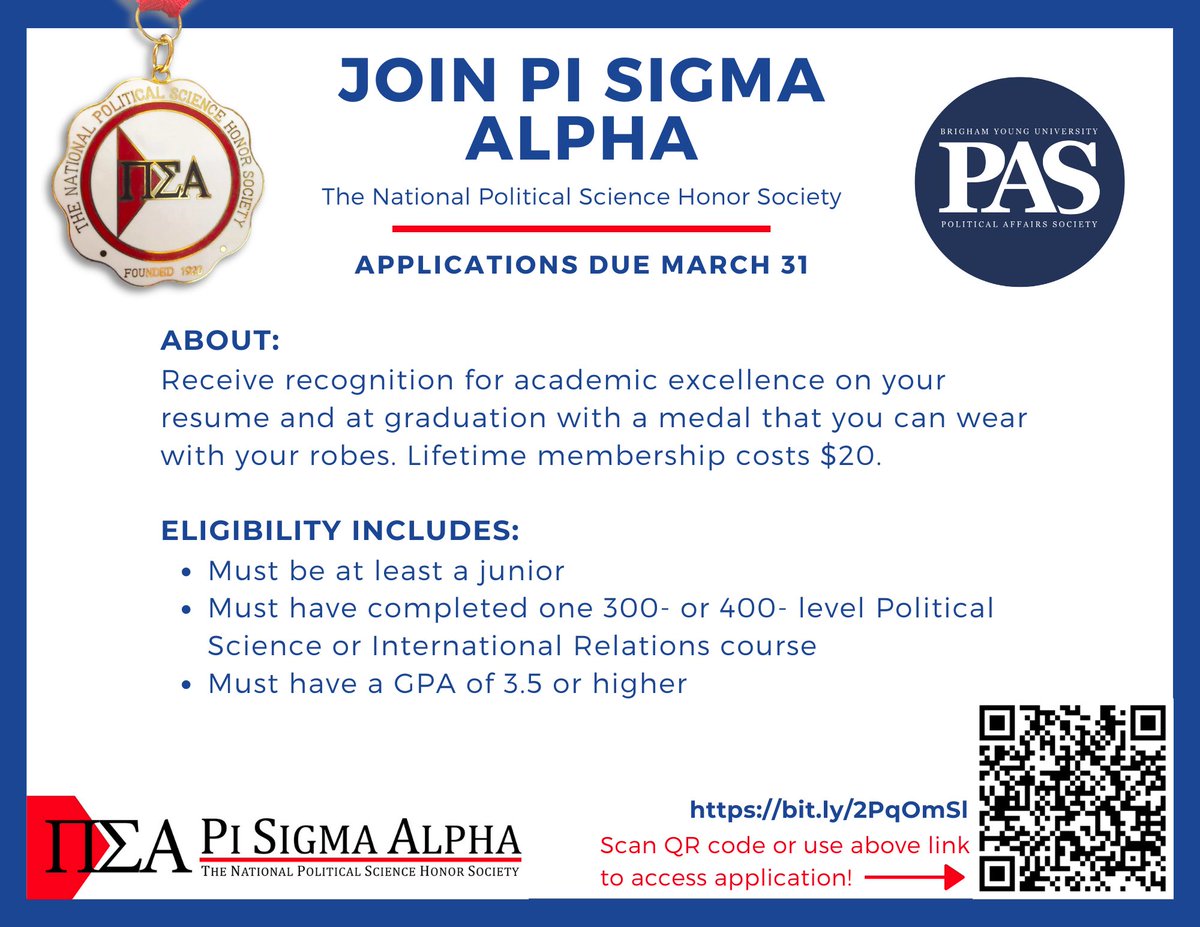 Applications for Pi Sigma Alpha, the National Political Science Honor Society are due March 31. See below for details.