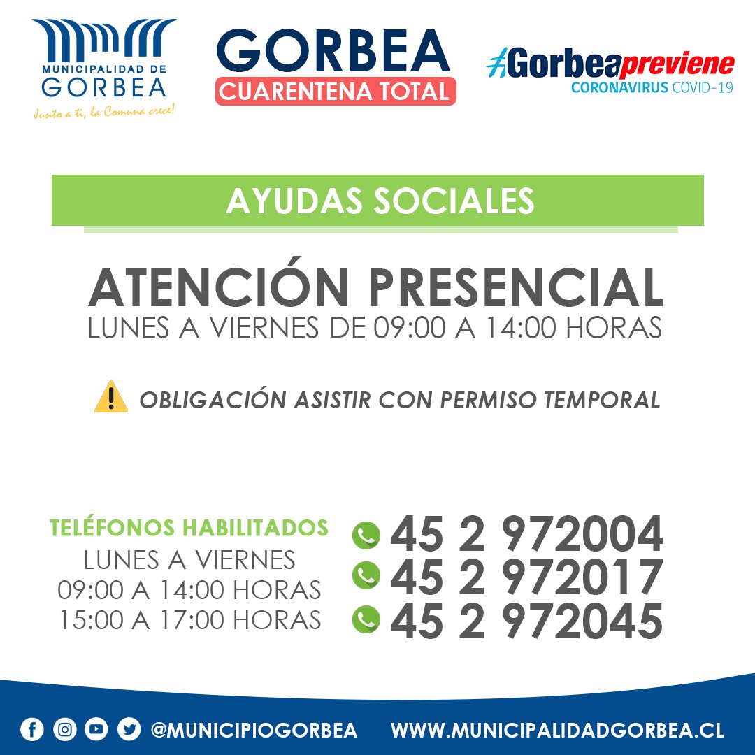 La oficina de ayudas sociales se encuentra disponible en atencion presencial de lunes a viernes de 09:00 a 14:00 horas, y es obligación asistir con permiso temporal.

☎️452972004
☎️452972017
☎️452972045

#gorbeapreviene #gorbeacuarentenatotal
