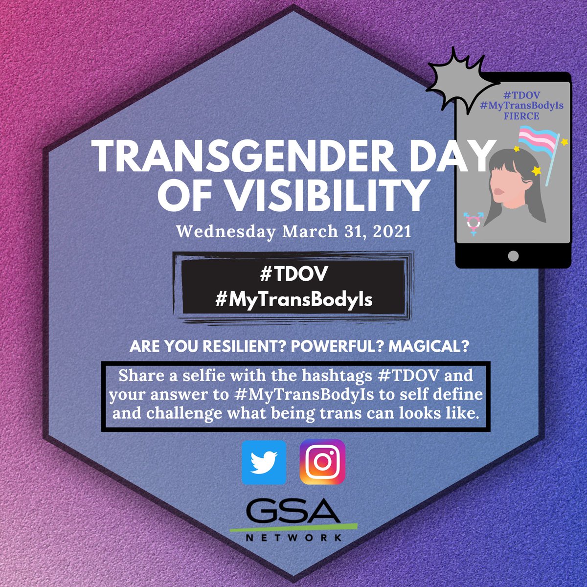 GSANetwork's tweet photo. For #TransgenderDayofVisibility🏳️⚧️we are bringing back @ourtranstruth #MyTransBodyIs campaign
Post a selfie with #TDOV & your answer to #MyTransBodyIs THIS Wed 3/31 to share what your trans identity means to you, including & beyond just your physical body in all its joy & magic✨ https://t.co/hClcPsfBPB