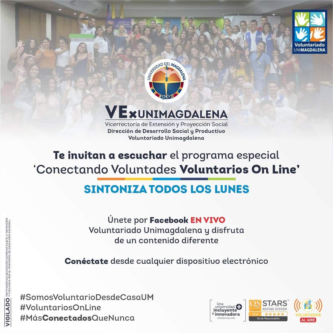 VoluntaUNIMAG's tweet photo. #PrográmateVEx  La @VEXUnimagdalena y el @VoluntaUNIMAG los invitan a escuchar el programa "Conectando Voluntades Voluntarios On Line" hoy lunes 29 de marzo desde las 08:00 PM, a través de nuestra página de Facebook Voluntariado @Unimagdalena @pverasalazar https://t.co/eKEgK24gUO