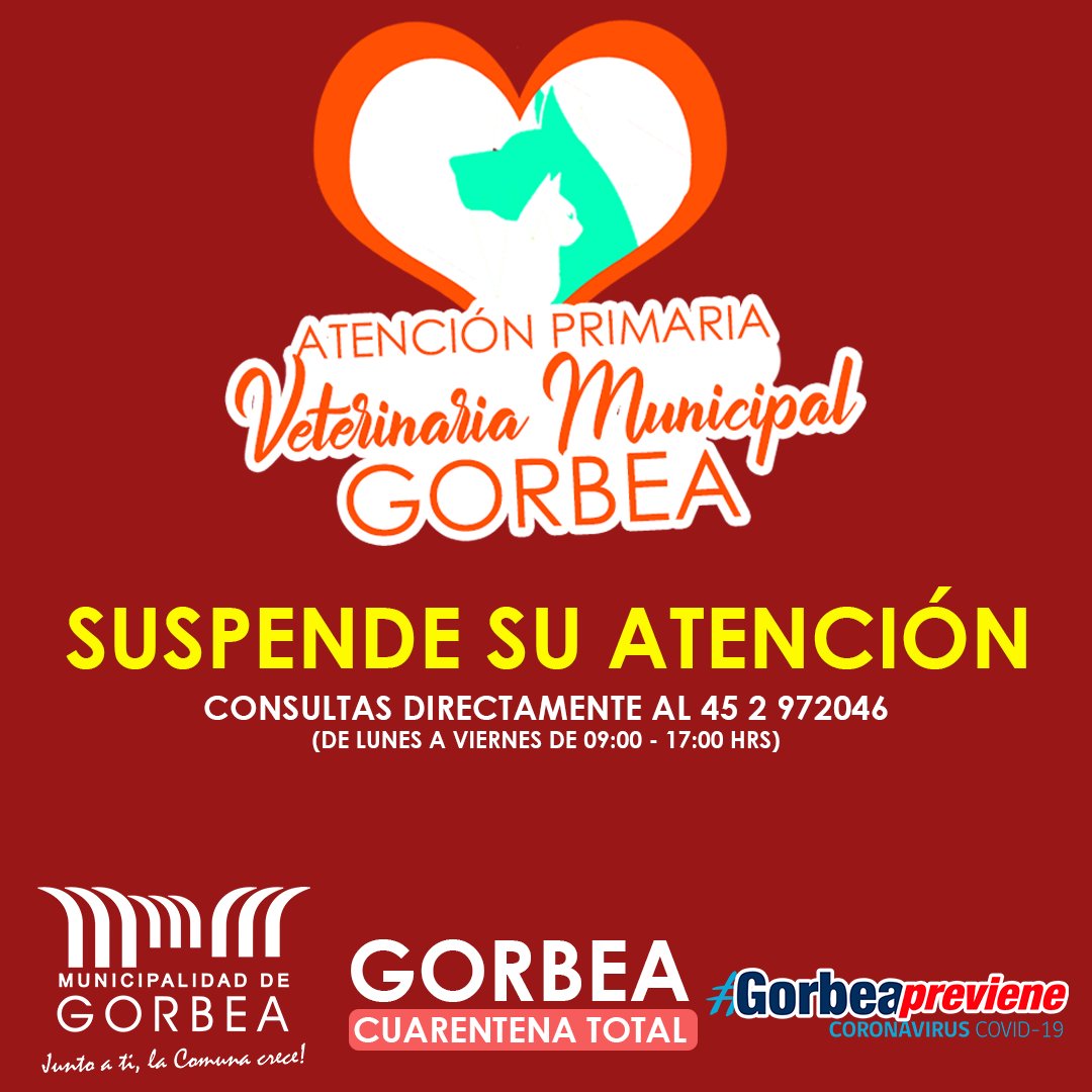 Atención Primaria Veterinaria Municipal 🐶🐱 Gorbea informa a la comunidad:

Suspende su atención a público por encontrarse la comuna en Cuarentena Total, ante esto se informa que cualquier información deben realizarla de Lunes a Viernes al 452972046 de 09:00 a 17:00 horas.