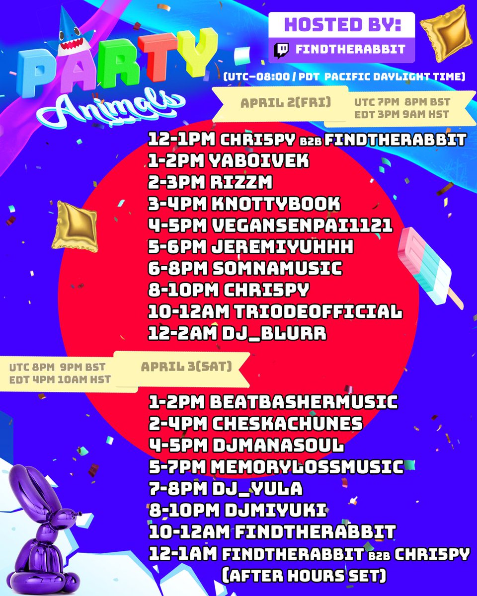 Hi I'm excited to announce ✨TIMESLOTS✨for 🥳#PartyAnimalsFEST🐇

Join us 🔊APRIL 2-3🔊
Sets are in PDT (Pacific timezone) ⏰

🔗LEARN MORE IN OUR STREAM TEAM:
 twitch.tv/team/partyanim…