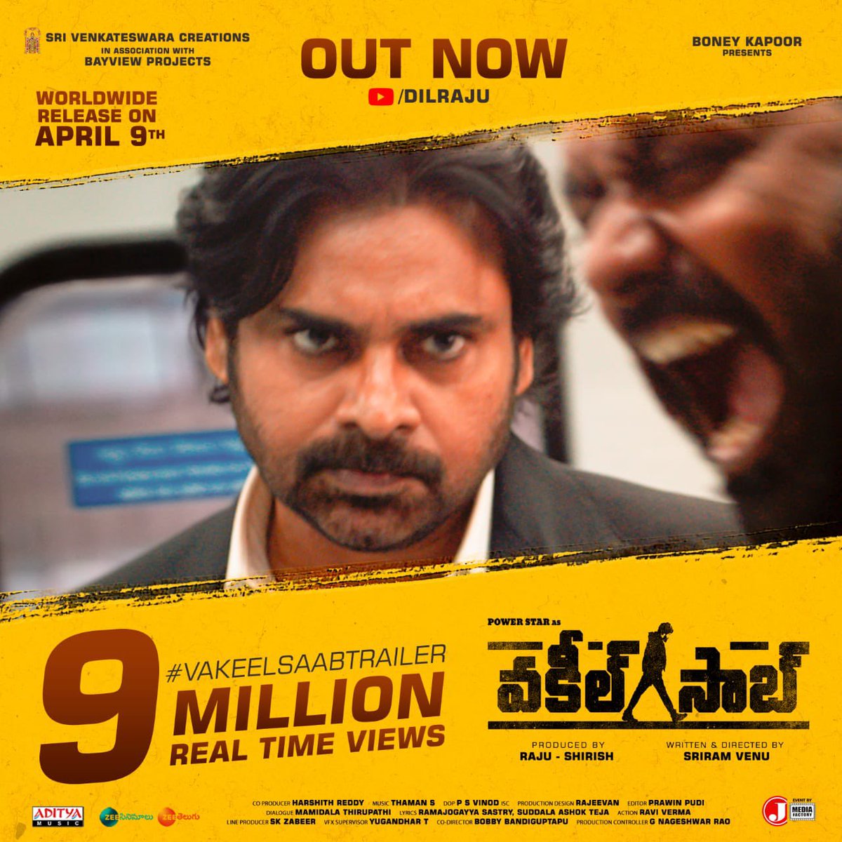 SVC_official's tweet photo. Never before...Never after

9️⃣M Real Time Views for #VakeelSaabTrailer ➡️ https://t.co/3YwjwWPf4a

@PawanKalyan  #SriramVenu @shrutihaasan @SVC_official @i_nivethathomas @MusicThaman  @yoursanjali @AnanyaNagalla @bayviewprojoffl @BoneyKapoor @adityamusic 

#VakeelSaabOnApril9th https://t.co/wU6rfBi256