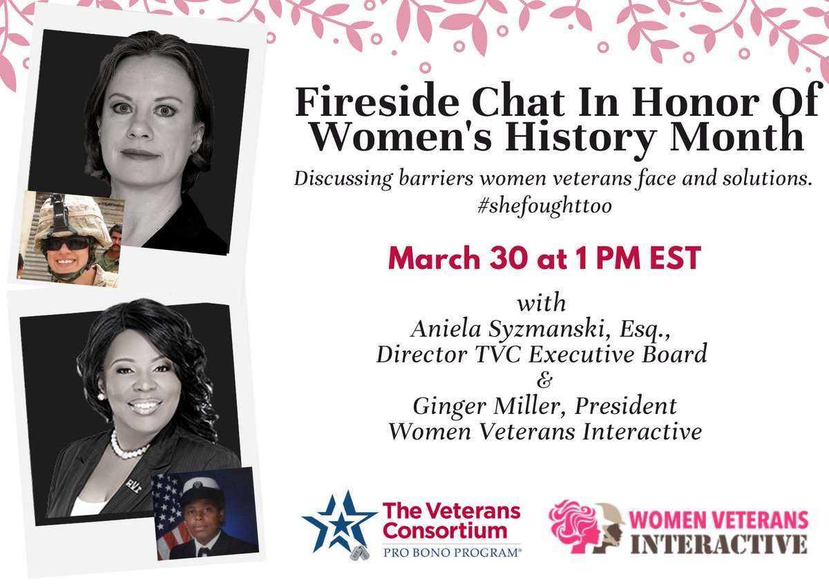vetsprobono's tweet photo. At 1pm EST tmrw, we're holding a Fireside Chat with Aniela Szymanski & Ginger Miller regarding the challenges & barriers our #womenveterans face.
Register here--> https://t.co/7aJAktuBIh
@womenvetsaction
#womenshistorymonth
#theyfoughtforus
#shefoughttoo https://t.co/qsLmejaxio