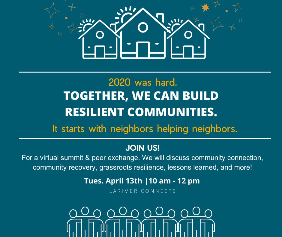 larimerconnects's tweet photo. SAVE THE DATE!
Learn how to build a more resilient, connected community? Join us, and local community members on what has worked well, where challenges lie, and more! 

Virtual Webinar April 13th 10 am - 12 pm. 
Register in advance for this webinar:
https://t.co/wahJwQp7BR https://t.co/7dSMrAGGbZ