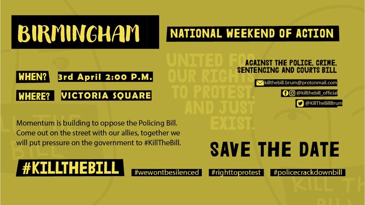 KillTheBillBrum's tweet photo. Join us to #KillTheBill this Saturday, 2 pm, at Victoria Square! Please wear a mask, non identifiable clothing and respect social distancing.
#WeWontBeSilenced #RightToProtest #PoliceCrackdownBill https://t.co/RGNlmFnkC6