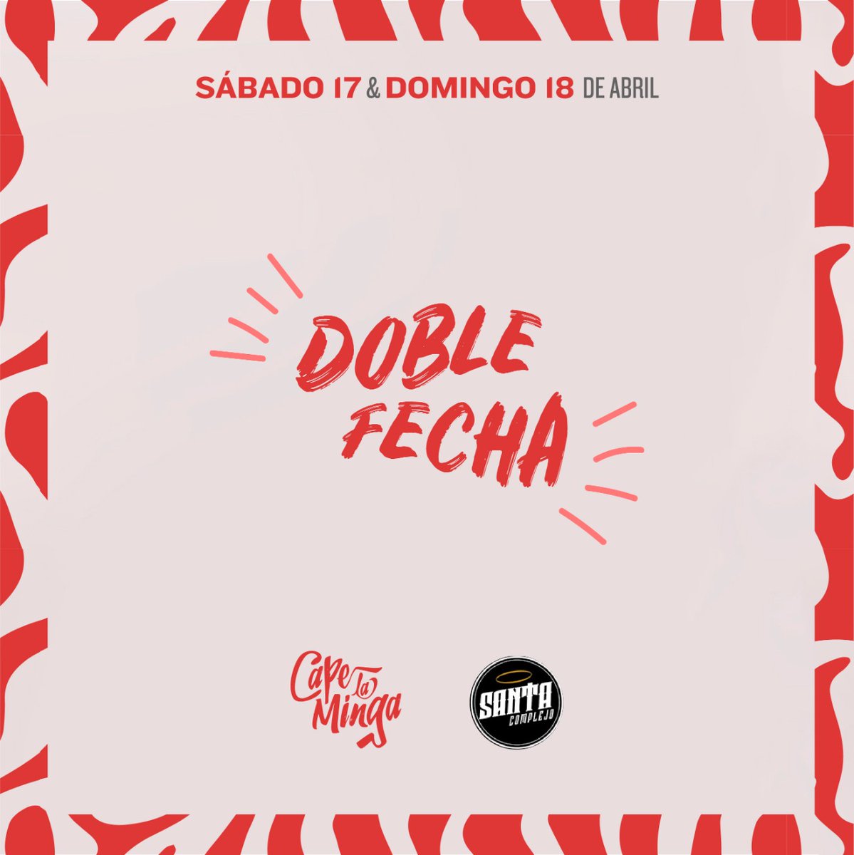 CapeLaMinga's tweet photo. ¡FECHA DOBLE!
Sábado 17 y domingo 18 de abril en Complejo Santa Birra (San Justo).
Al aire libre y capacidad limitada.
Estás a 300pe de la felicidad.
¡QUE SEA FIESTA! https://t.co/jRvEXq5468
