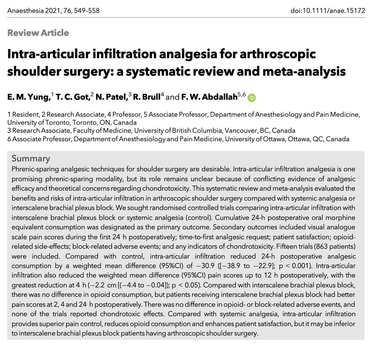 𝘈𝘯𝘢𝘦𝘴𝘵𝘩𝘦𝘴𝘪𝘢 Identifying Phrenic Sparing Techniques That Provide Effective Pain Control For Shoulder Surgery Is A Challenge Faraj Reganesth Finds That Intra Articular Infiltration Reduced Opioid Consumption And Improved Pain