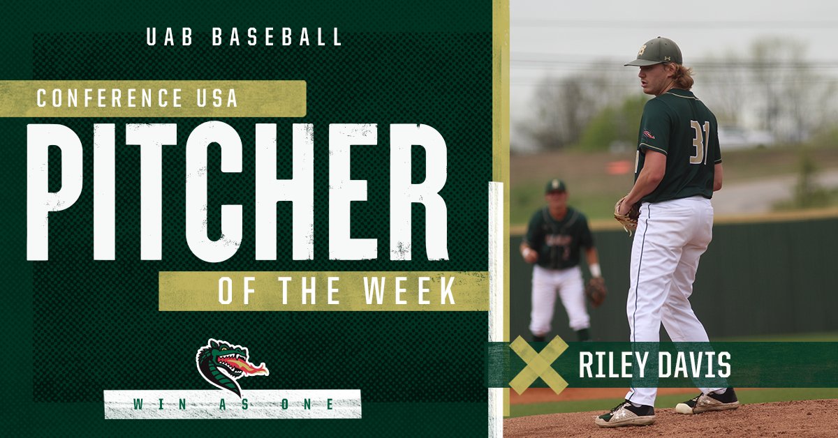 UAB_Baseball's tweet photo. Following the first complete game shutout for a Blazer since 2017, Riley Davis has been named Conference USA Pitcher of the Week‼️

📰 https://t.co/ISd19Gn7xe

#WinAsOne https://t.co/6fUJ2Ht47d
