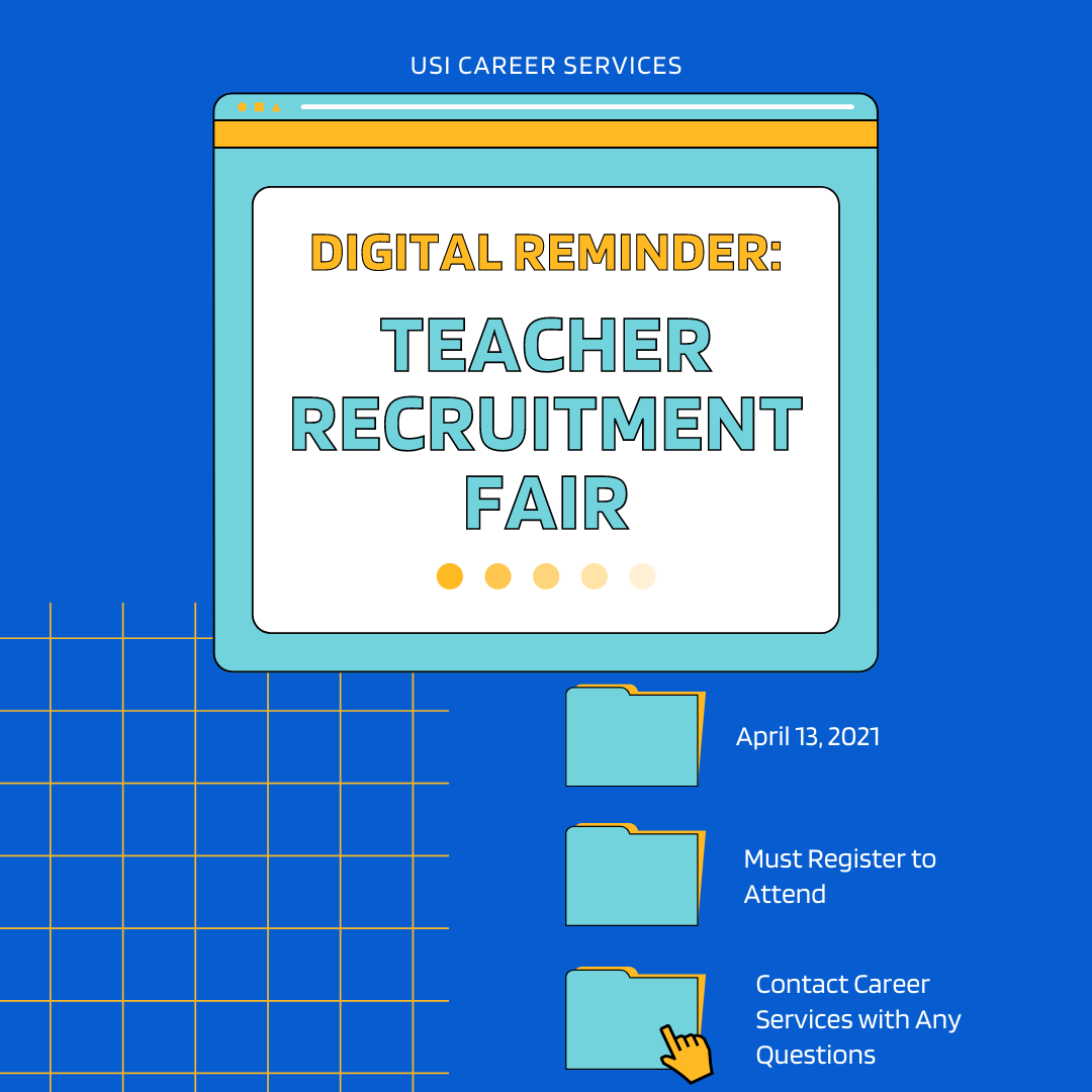 USICareers's tweet photo. The Teacher Recruitment Fair is going to be here before we know it! Sign up by going through Career Launch, and if you have any questions, contact Career Services. Hope to see you there! #USICareers https://t.co/xUvJgj0Mc8