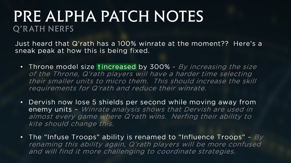 ImmortalBalance's tweet photo. Just left a meeting with some of our playtesters for @GatesofPyre.  Turns out that the Q'rath faction has a 100% win rate??  This falls slightly outside our acceptable range of 1%-99%.  Here is a sneak preview on what we are doing about it in the next patch! 👀 https://t.co/U4jsvyBsyo