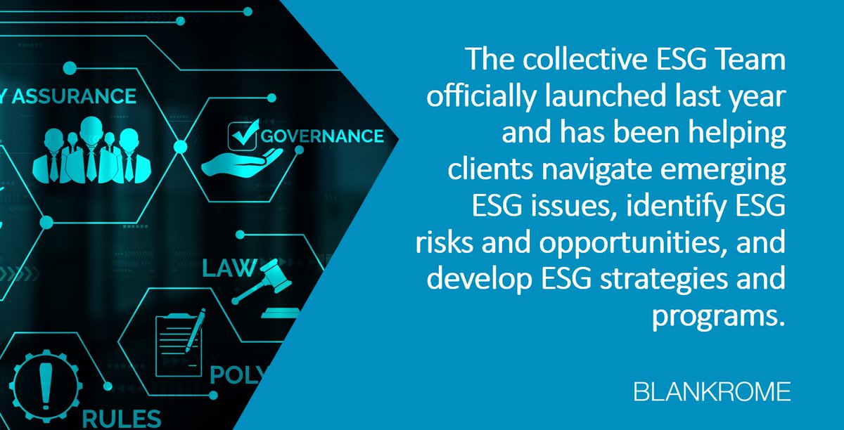 BlankRomeLLP's tweet photo. We are pleased to formally announce our national #Environmental, #Social, and #Governance (#ESG) Team, which is comprised of more than 25 attorneys from across our firm’s offices and practices. Learn more about the multi-disciplinary group here: https://t.co/3HWmQAiJl9 https://t.co/rCRfXOrk6C
