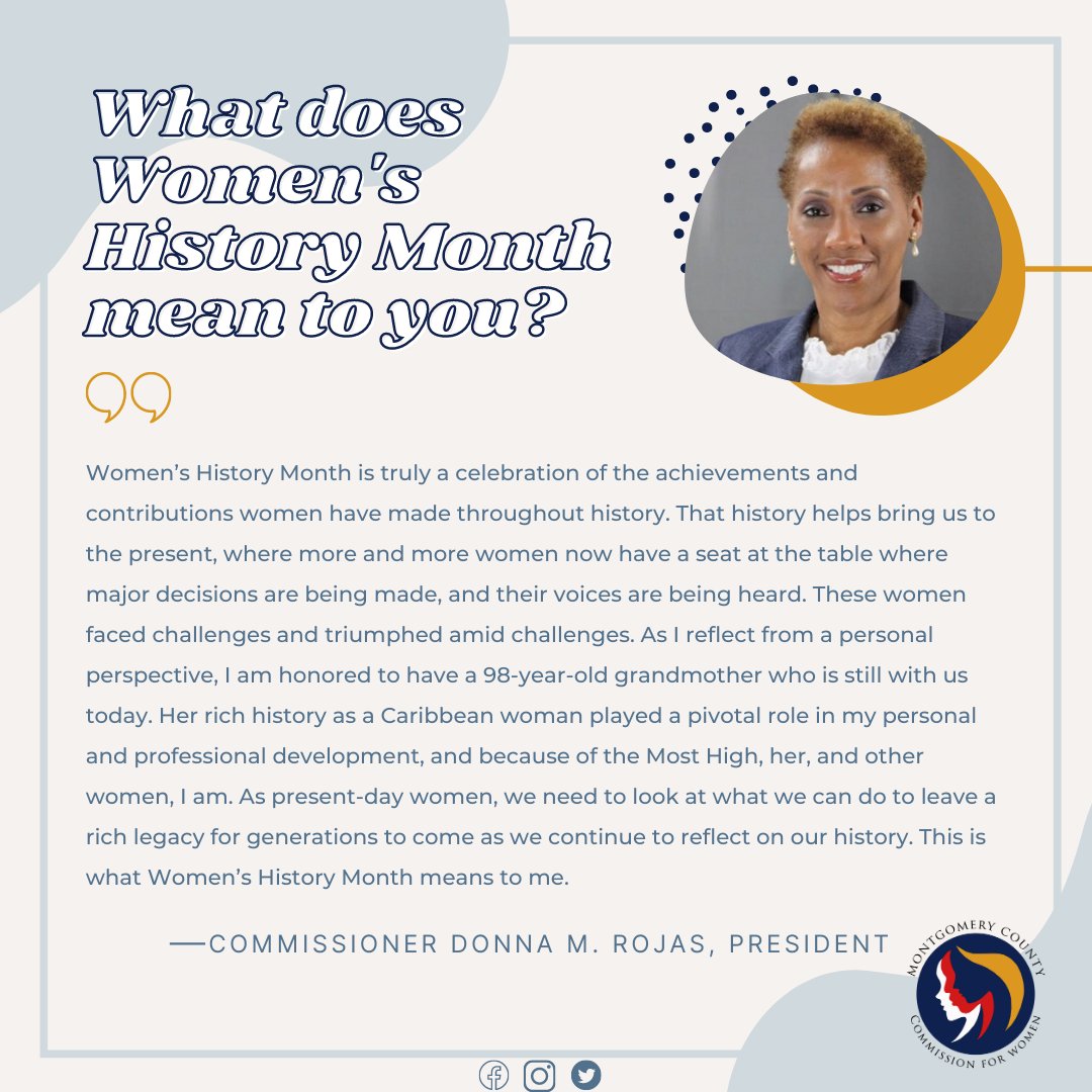MoCoWomen's tweet photo. We can't let Women's History Month go by without hearing from our amazing Commissioners! Today we learn what #WomensHistoryMonth means to Commissioner Donna M. Rojas, President. Who comes to mind when you think of Women's History Month?
#mococfw #womenempowerment https://t.co/wUGs5u9WeZ