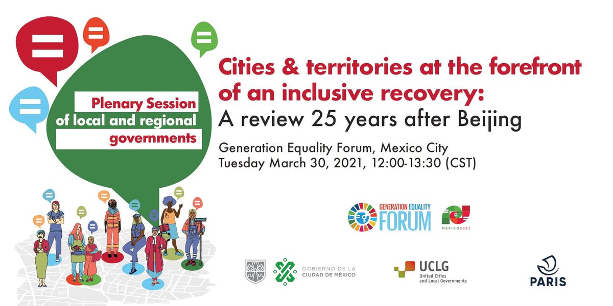 Acompáñame en la sesión plenaria “Ciudades y regiones al frente de una recuperación inclusiva” del #ForoGeneraciónIgualdad.

Hablaremos sobre el rol del Movimiento Municipal Feminista en el avance de las agendas  #SDG5 #Beijing25
⌚️30 de marzo, 13:00 (ECT)
#ActforEqual