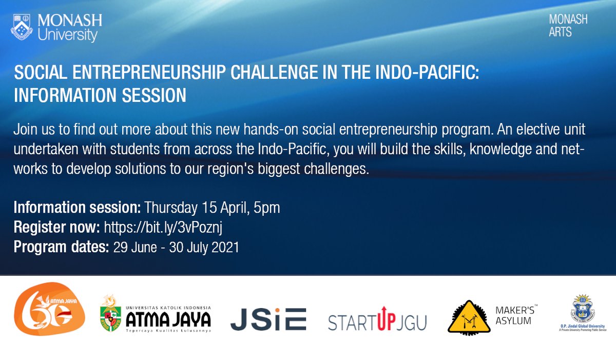Monash_Arts's tweet photo. Want to build the skills, knowledge and networks to develop solutions to our region's biggest challenges? Join us for a virtual information session to learn more about Social Entrepreneurship Challenge in the Indo-Pacific.

Register now: https://t.co/HqTGO7NRt1 #ChangeItForGood https://t.co/7kikCPOPxy