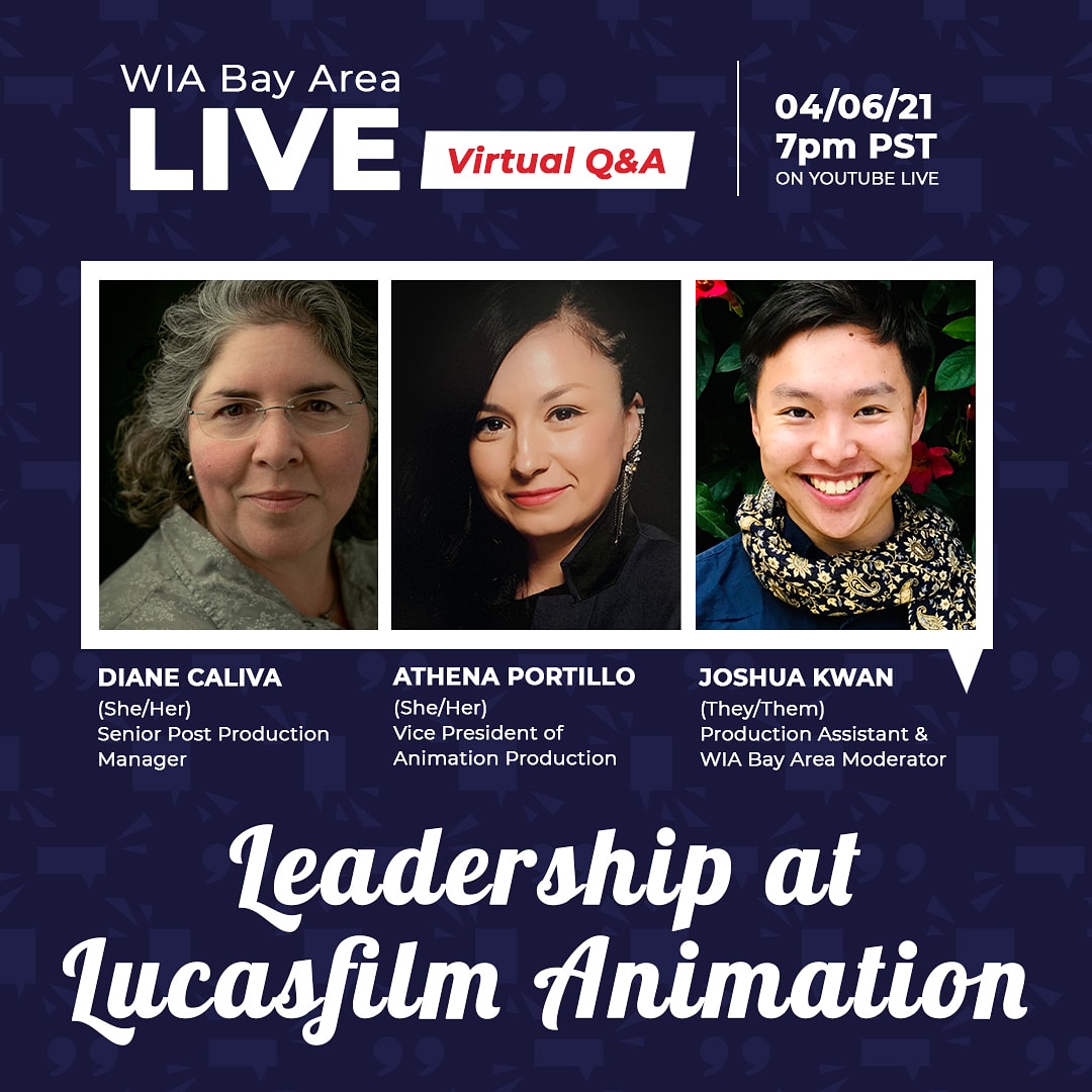 Join us at 7pm on Tuesday April 6th on YouTube for a live conversation about leadership at Lucasfilm Animation!!

Joshua will be joined by Senior Post Production Manager, Diane Caliva, and Vice President of Animation Production, Athena Portillo.

youtube.com/c/WIABayAreaCh…