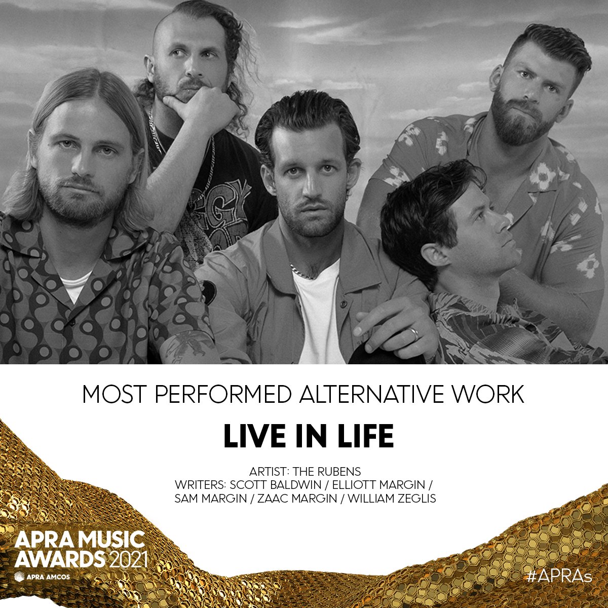 APRAAMCOS's tweet photo. Way to go @therubensmusic! Their catchy hit #LiveInLife is up for the Most Performed Alternative Work at the #APRAs @MushroomPublish https://t.co/JB9UuQQXsF