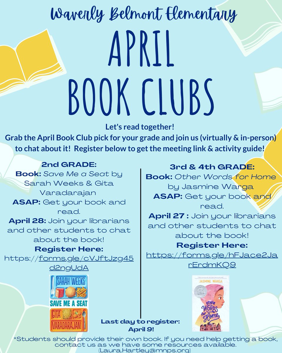 WBE_Library's tweet photo. New April Book Clubs for 2nd-4th graders!! Sign up and get reading! 📖#WBReads @WaverlybelPTO @MNPSLibraries https://t.co/CYyo2Hfn7n