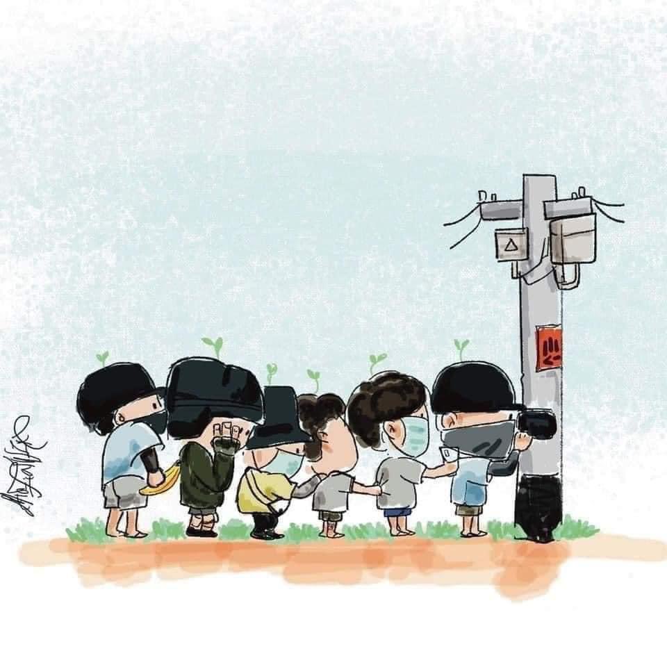 ZarChi77450524's tweet photo. A line of young protesters taking cover against  an electric power pole to avoid being shot.
We love you.
Please stay safe!
crd: (photo and cartoon)#WhatsHappeningInMaynmar https://t.co/u5L7rWQNkl