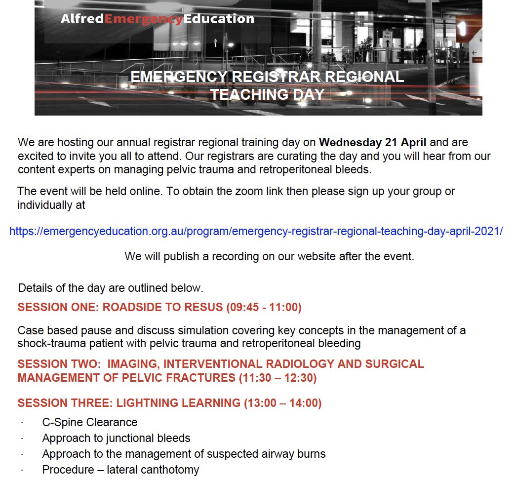 Luke Phillips (@lukemphillips) on Twitter photo Come and join us for our next <a href="/AlfredHealth/">The Alfred</a> Registrar Regional Teaching Day on 21 April - learn about Mx of Pelvic Trauma and Retroperitoneal bleeds and our lightning learning session. <a href="/EmergEdu/">Alfred Emergency Academic Centre</a> emergencyeducation.org.au/program/emerge… Come and join us for our next <a href="/AlfredHealth/">The Alfred</a> Registrar Regional Teaching Day on 21 April - learn about Mx of Pelvic Trauma and Retroperitoneal bleeds and our lightning learning session. <a href="/EmergEdu/">Alfred Emergency Academic Centre</a> emergencyeducation.org.au/program/emerge…
