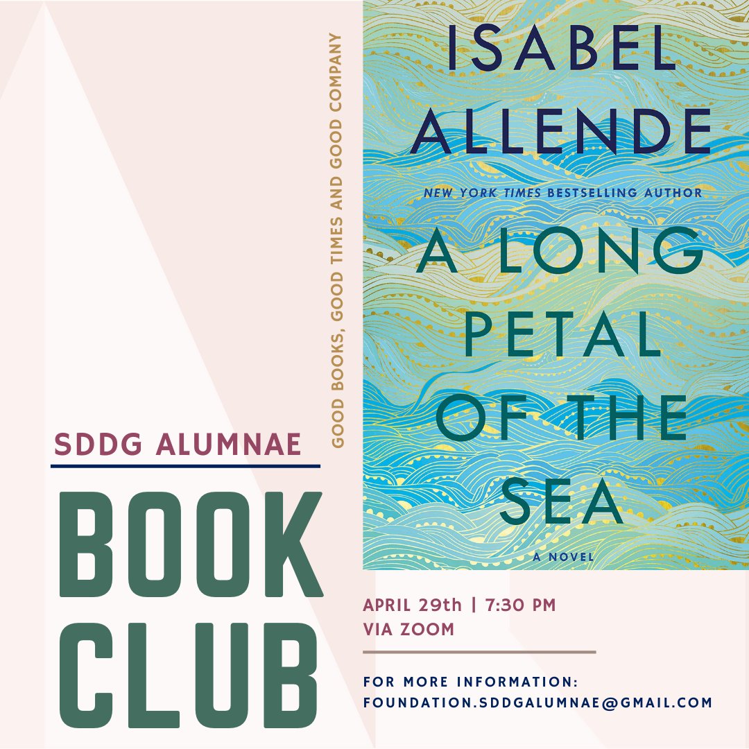 DeltaGammaSD's tweet photo. April book club book is A Long Petal of the Sea by @isabelallende. Join us on April 29th! Contact foundation.sddgalumnae@gmail.com for more information. #deltagamma #bookclub https://t.co/Ofu8hM5Jnv