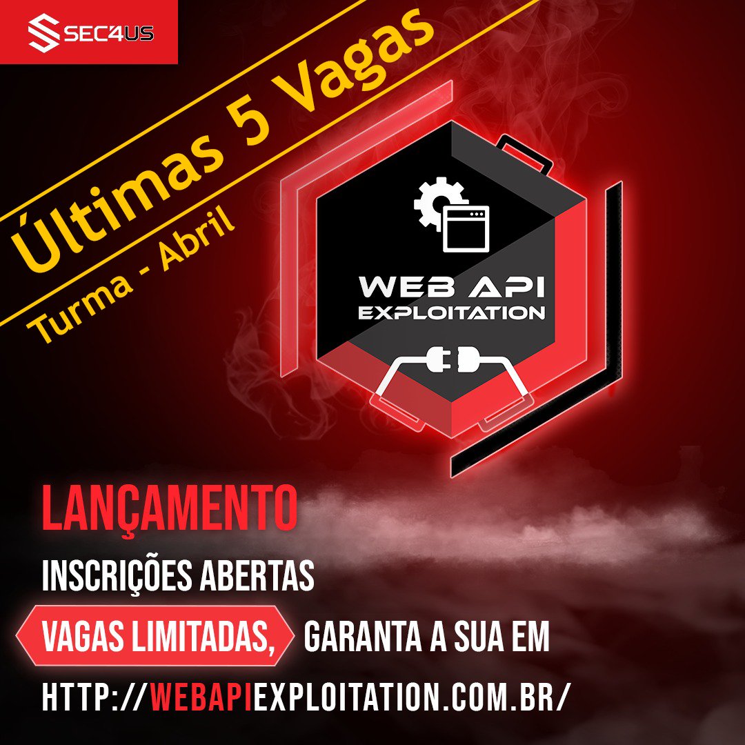 helvioju's tweet photo. Últimas 5 vagas para o treinamento de Web API Exploitation na última turma do semestre.
#sec4us #m4v3r1ck #webapiexploitation #api #pentest #offsec https://t.co/pzwtROPuPk