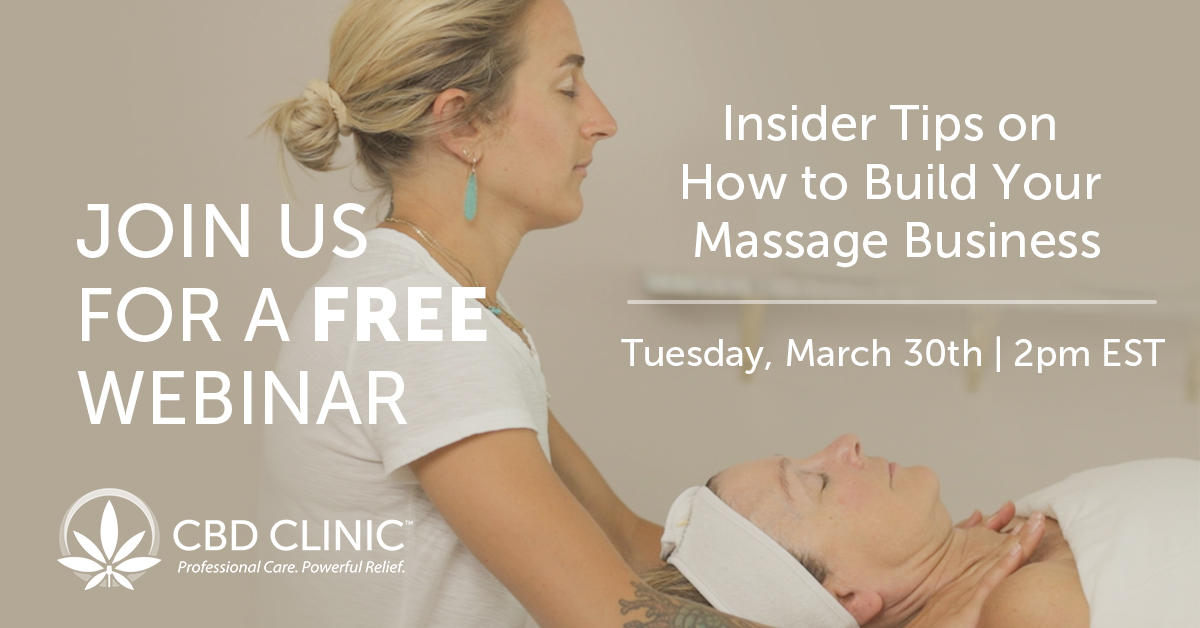 CBDClinic's tweet photo. Looking to build your massage business? Learn ways to simplify your marketing efforts, upselling techniques, and more from industry insiders, Dr. Jen Palmer and Pamela Heavner, LMT. 

Register for this live discussion hosted by @massagemag today: https://t.co/wn1uxbW4nF https://t.co/yeTm3PN3Qf
