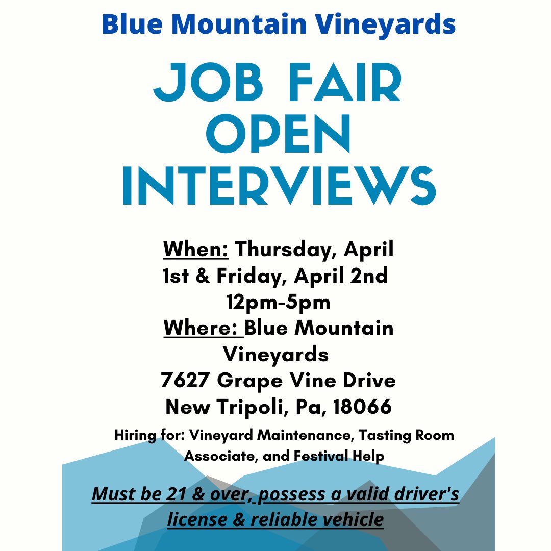 BlueMtWinery's tweet photo. Are you looking for the perfect part time job? Make sure to stop in this Thursday or Friday for our Job Fair. We will be hiring for multiple positions! https://t.co/ZiCe7Gh3Ej