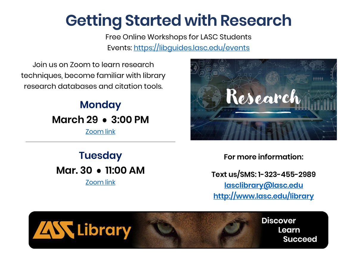 LASCCampus's tweet photo. #LASCCougars: @LASCLibrary is hosting research skills workshops at 3 p.m. today, March 29, and 11 a.m. Tuesday, March 30, on Zoom. Sessions will cover strategies to conduct research, how to find sources by searching databases, and how to cite them. 

More: https://t.co/7mqvjhGZSG https://t.co/miyqIVGjll